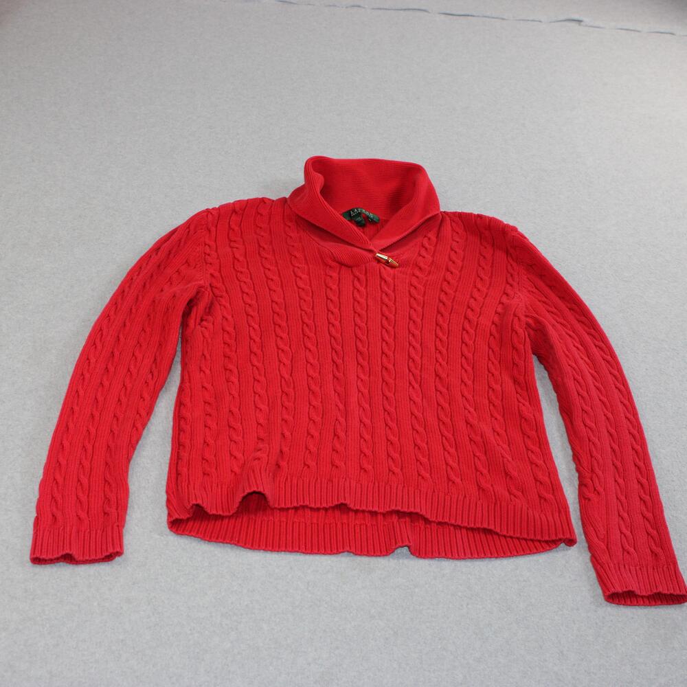 Vintage Lauren Ralph Sweater Women XL Red Collared Cotton Cable Knit Toggle Y2K